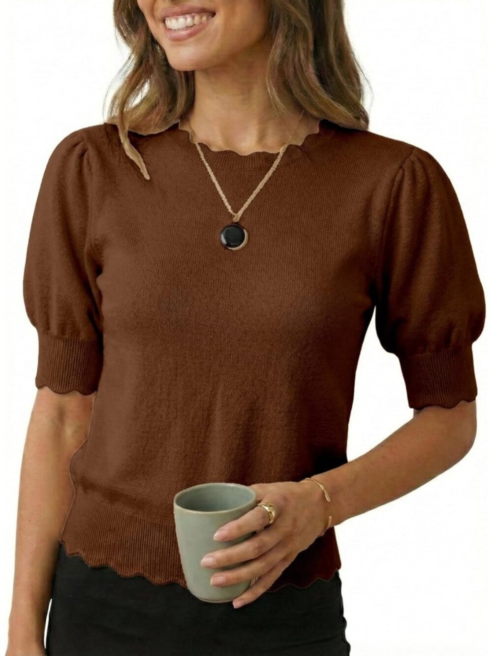 Women's Deep Coffee Short Sleeve Imported Pull On Casual Crew Neck Sweater